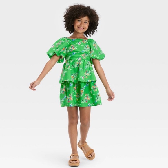 Cat & Jack Other - Cat & Jack green floral puff sleeve tiered girls dress